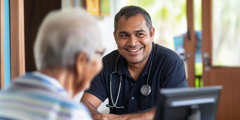 A smiling doctor with a stethoscope talks to an elderly patient in a bright room.